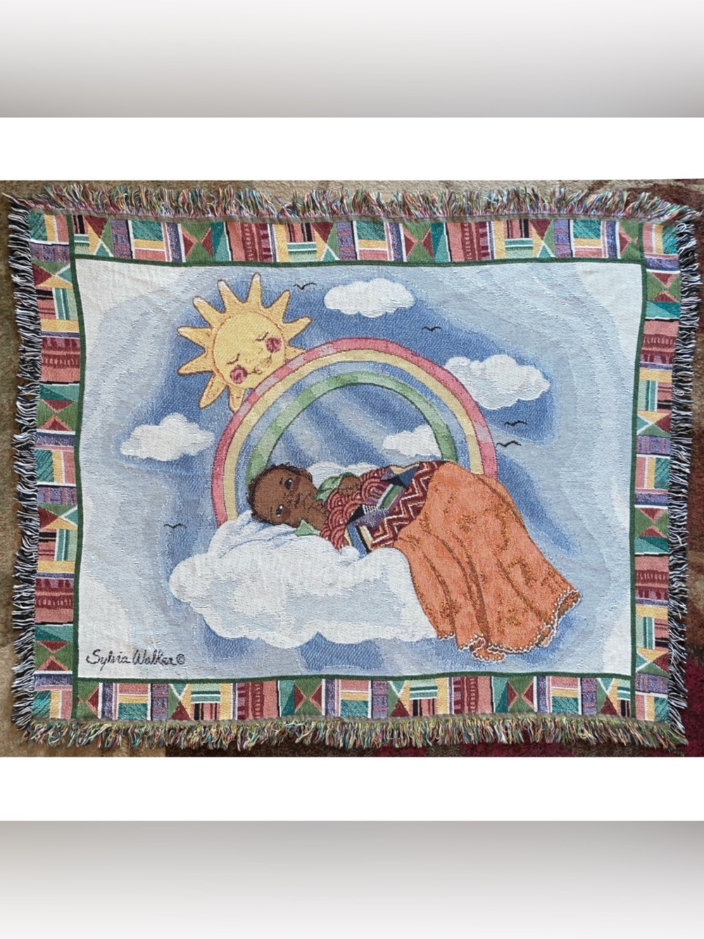 Rare African Tapestry Fringes Throw Blanket "Rainbow Baby" Sylvia Walker 52"x38"